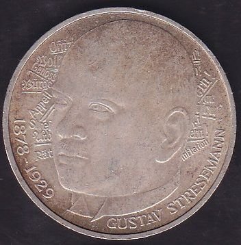 Almanya 5 Mark 1978 D Gümüş Gustav Stresemann'ın Doğumunun 100. Yıldönümü Hatıra Para