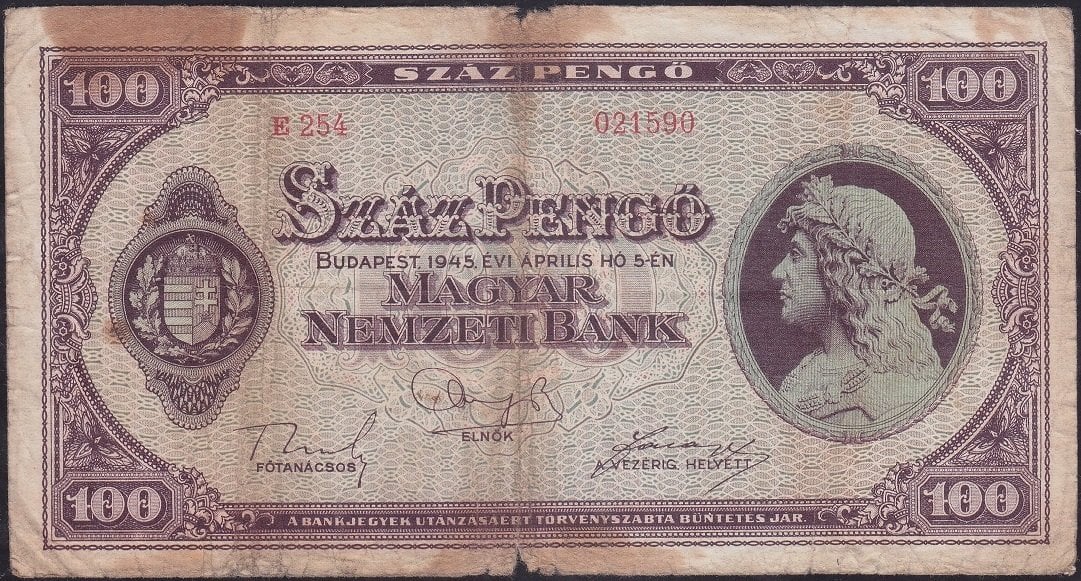 Macaristan 100 Pengo 1945 Temiz