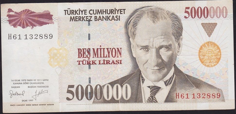 7.Emisyon 5 000 000 Lira H61 132889 Çok Temiz+