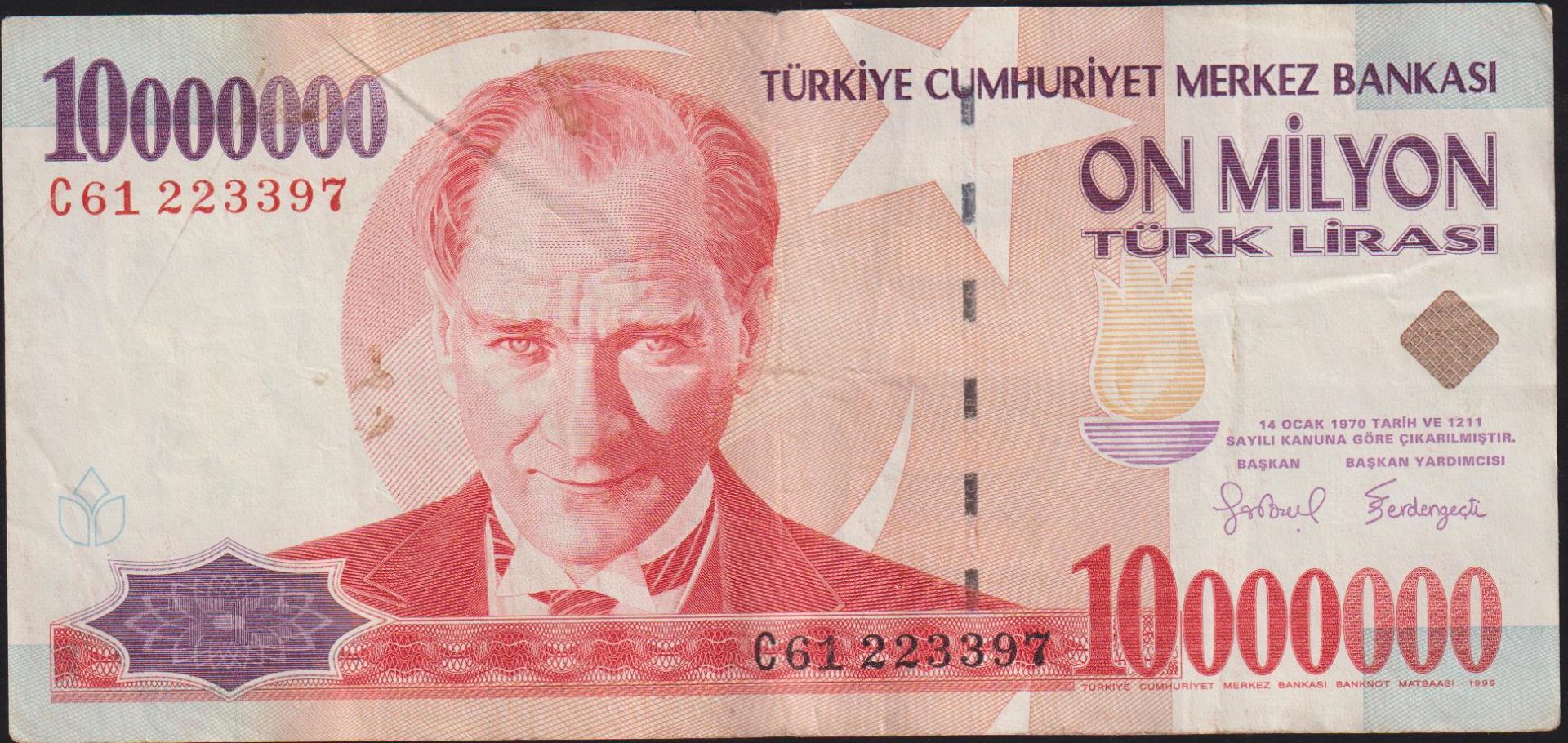 7.Emisyon 10 000 000 Lira C61 223397 Çok Temiz
