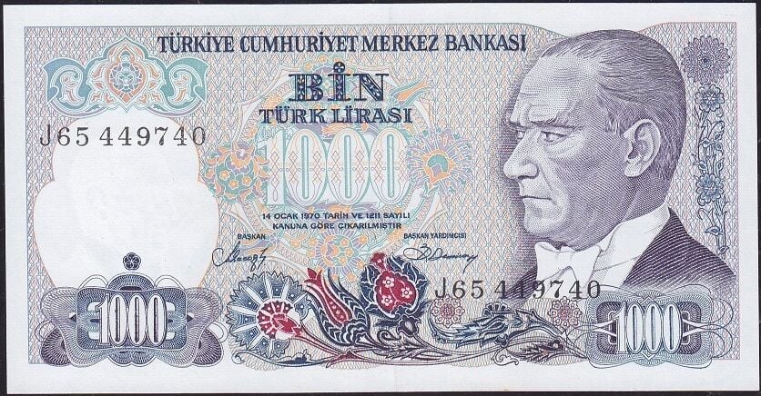 7.Emisyon 2.Tertip 1000 Lira J65 449740 Çilaltı Çil
