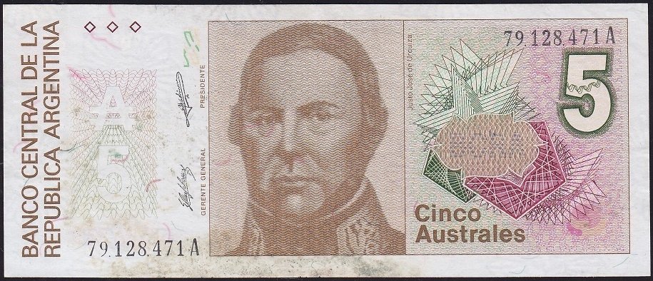 Arjantin 5 Australes 1987 - 1989 Ççt ( Kat yok leke var ) Pick 324b