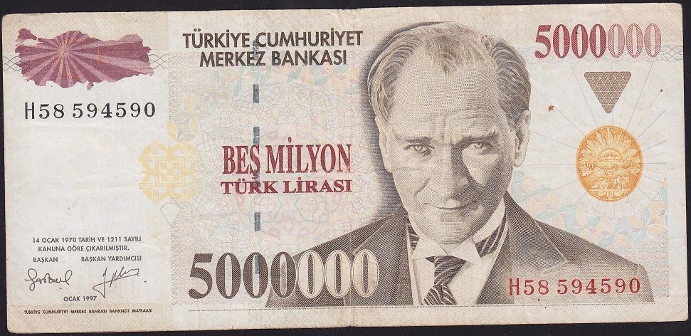 7.Emisyon 5 000 000 Lira H58 594590 Çok Temiz