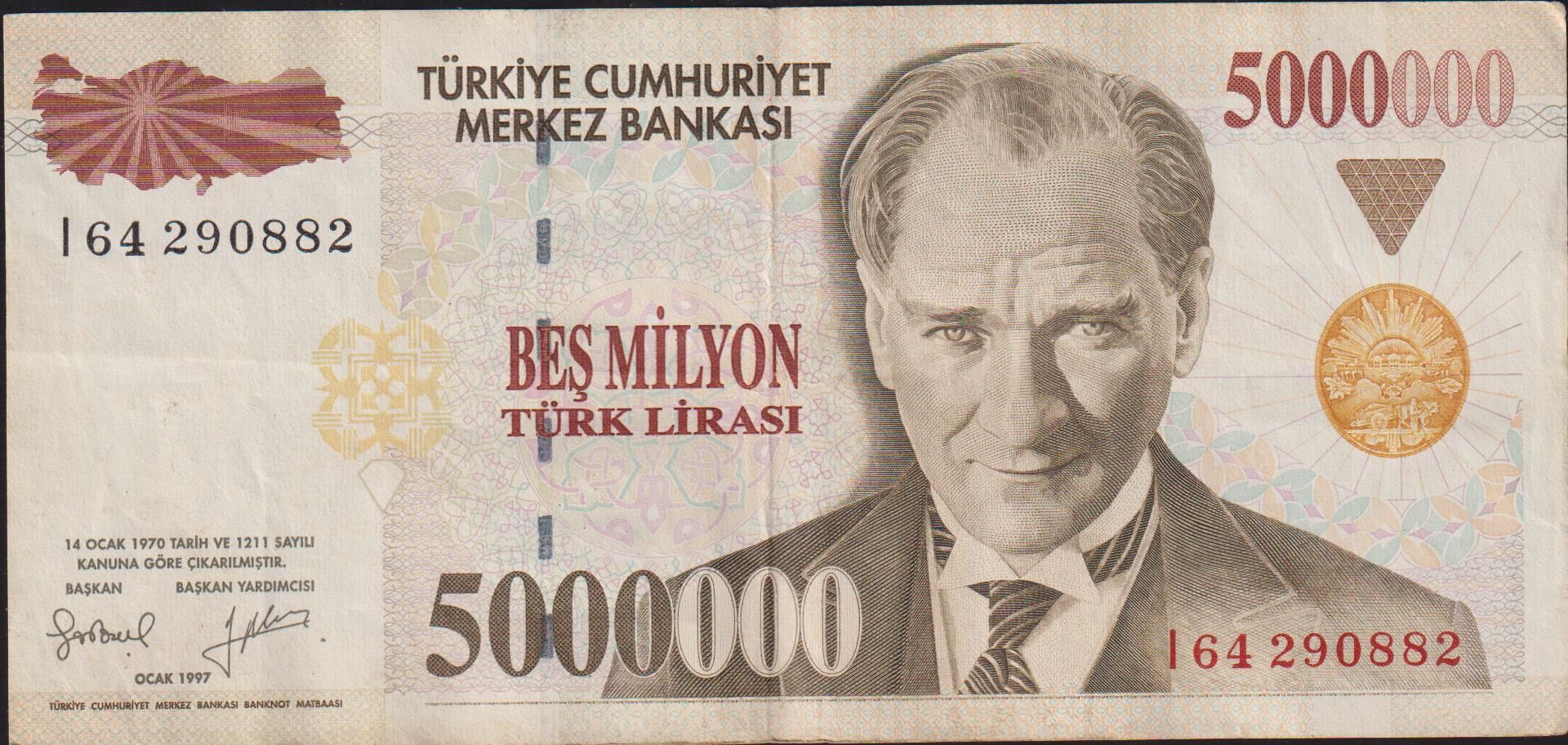 7.Emisyon 5 000 000 Lira I64 290882 Çok Temiz+