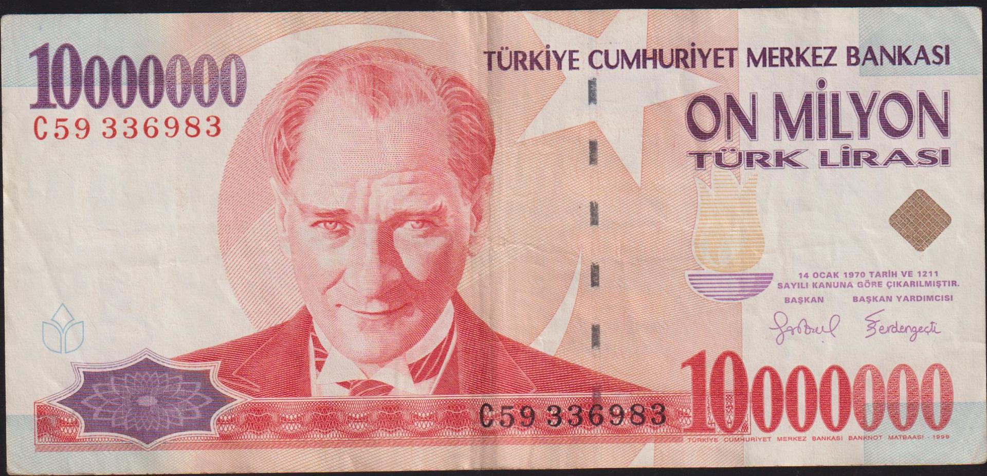 7.Emisyon 10 000 000 Lira C59 336983 Çok Temiz+