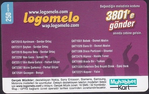 TURKCELL MUHABBET KART 250 KONTÖR LOGOMELO SKT 2010
