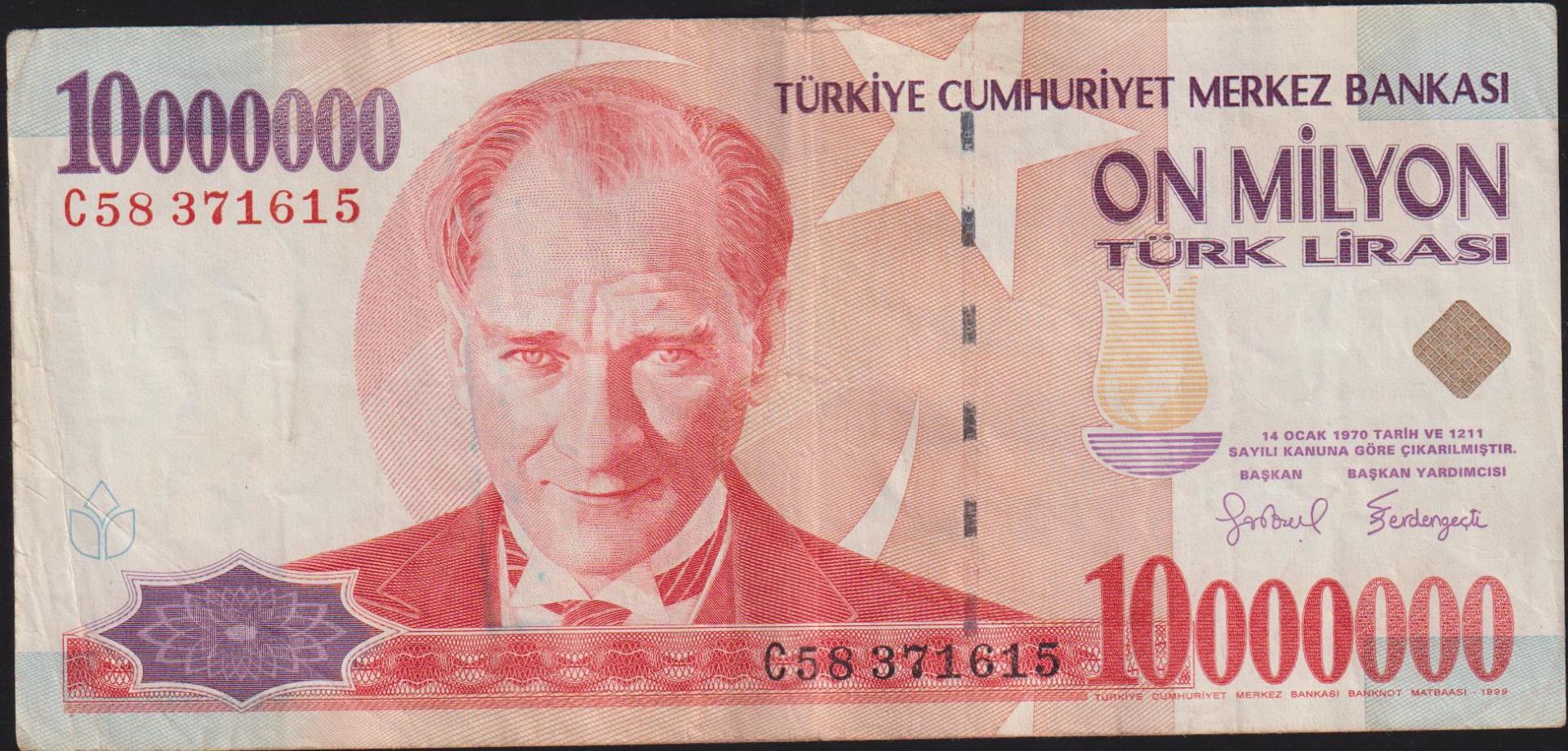 7.Emisyon 10 000 000 Lira C58 371615 Çok Temiz