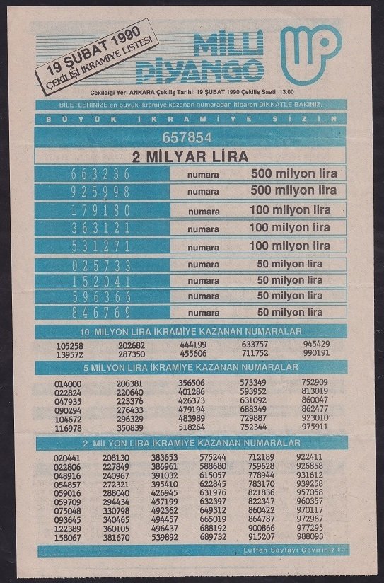 1990 19 ŞUBAT PİYANGO LİSTESİ