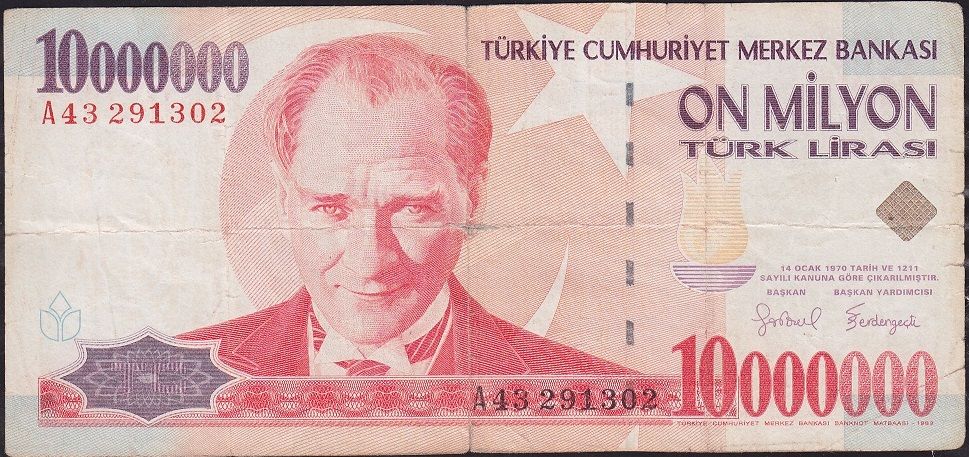 7.Emisyon 10 000 000 Lira A43 291302 Temiz