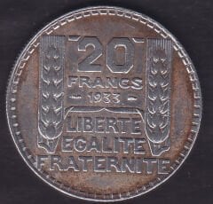 Fransa 20 Frank 1933 Gümüş ( 620 Ayar 20 Gram )