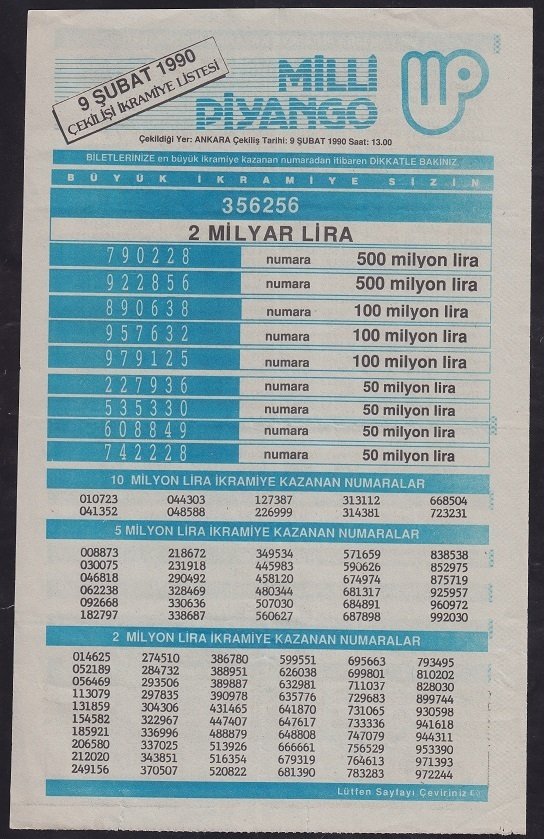 1990 9 ŞUBAT PİYANGO LİSTESİ