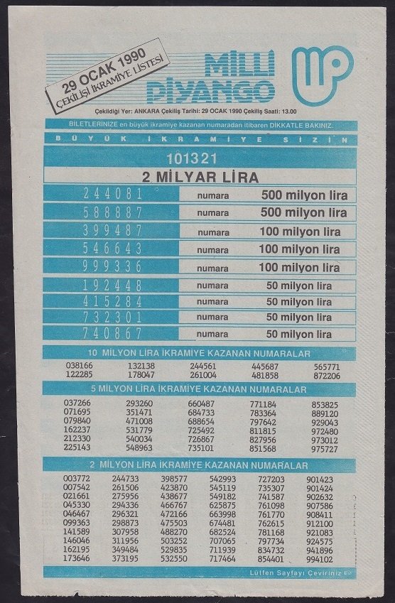1990 29 OCAK PİYANGO LİSTESİ