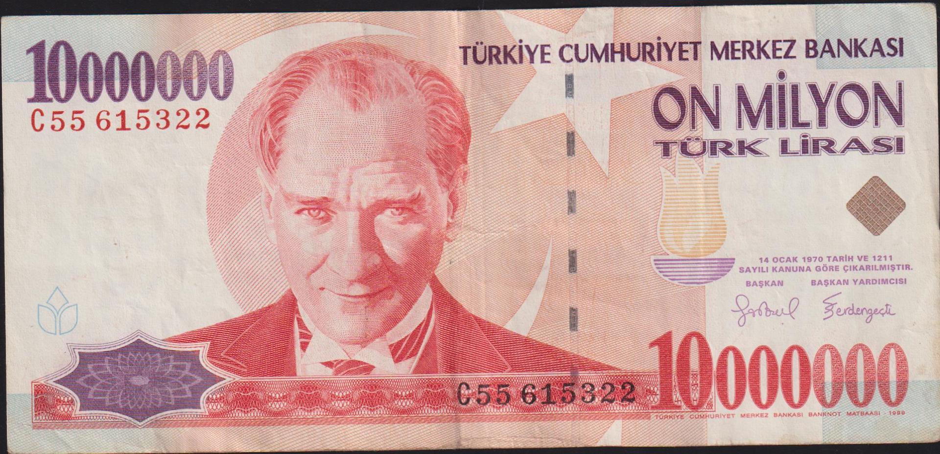 7.Emisyon 10 000 000 Lira C55 615322 Çok Temiz+