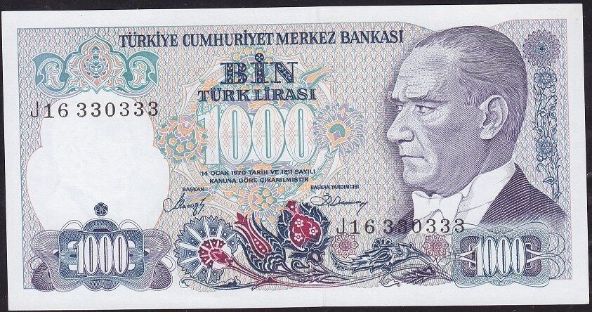 7.Emisyon 2.Tertip 1000 Lira J16 330333 Çil