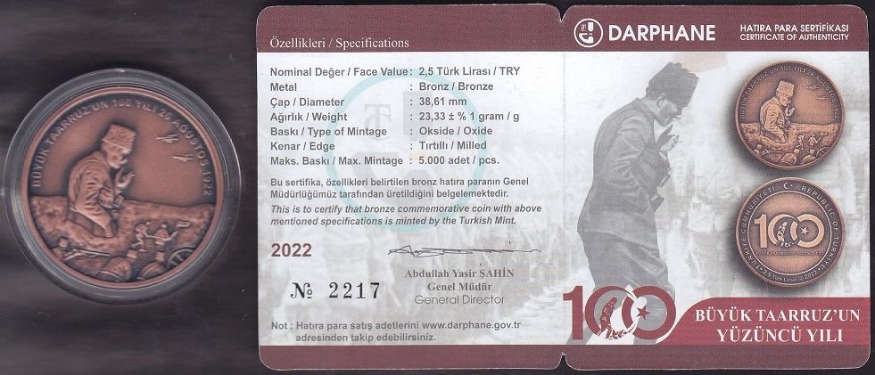 2022 Yılı 2.5 Lira Büyük Taaruz'un 100. Yılı Hatıra Para Sertifikalı Çil