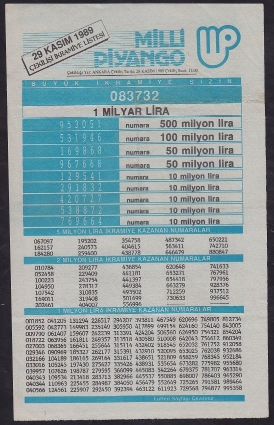 1989 29 KASIM PİYANGO LİSTESİ