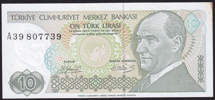 7.Emisyon 1.Tertip 10 Lira A39 807739 Çil Uzun Kaş