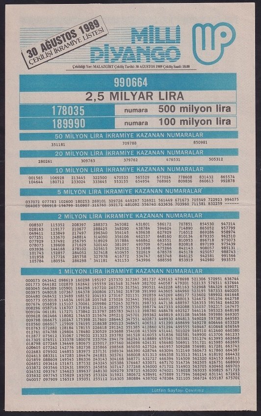 1989 30 AĞUSTOS PİYANGO LİSTESİ
