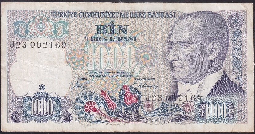 7.Emisyon 2.Tertip 1000 Lira J23 002169 Çok Temiz