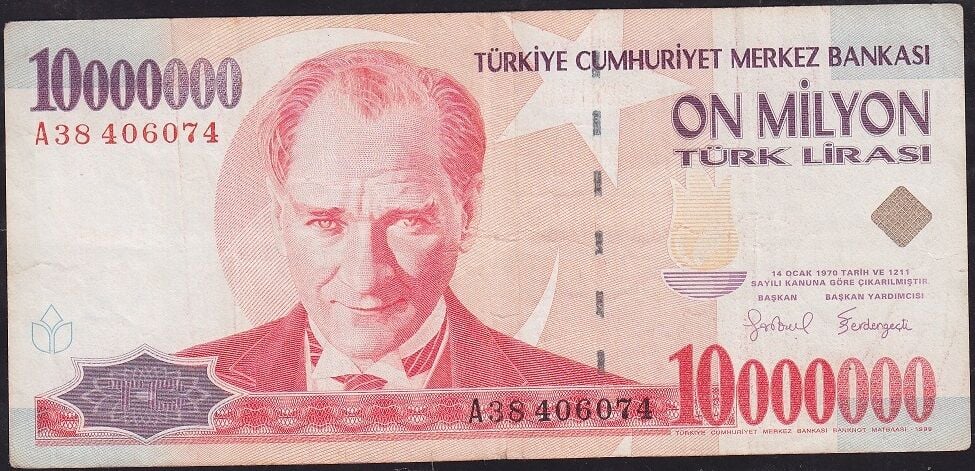 7.Emisyon 10 000 000 Lira A38 406074 Çok Temiz