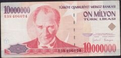 7.Emisyon 10 000 000 Lira A38 406074 Çok Temiz