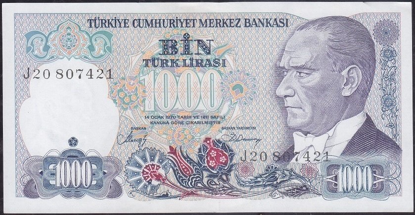 7.Emisyon 2.Tertip 1000 Lira J20 807421 Çilaltı Çil