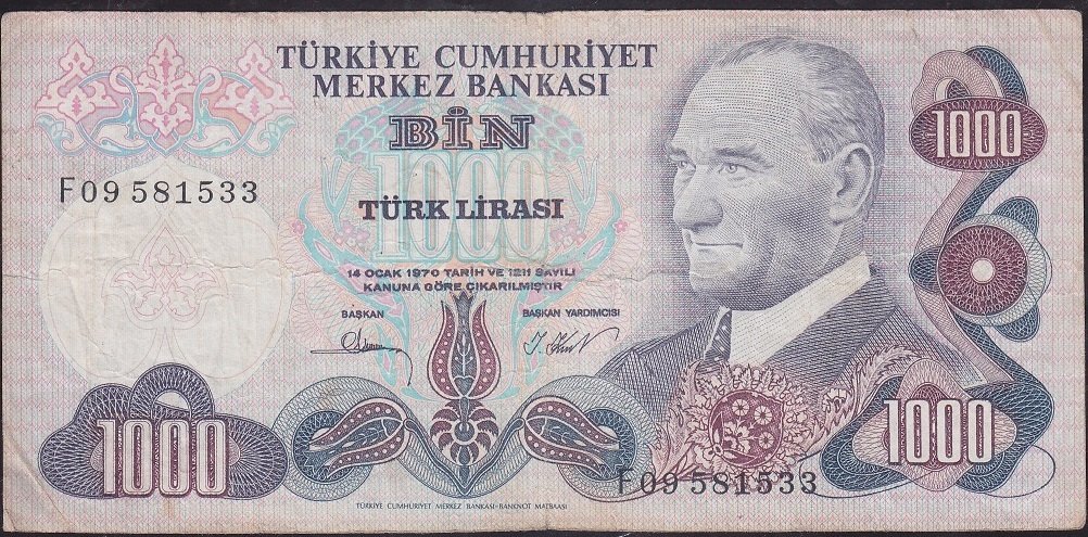 6.Emisyon 3.Tertip 1000 Lira F09 581533 Çok Temiz