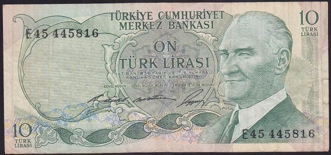 6.EMİSYON 1.TERTİP 10 LİRA E45 445816 ÇOK TEMİZ