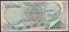 6.EMİSYON 1.TERTİP 10 LİRA E45 445816 ÇOK TEMİZ