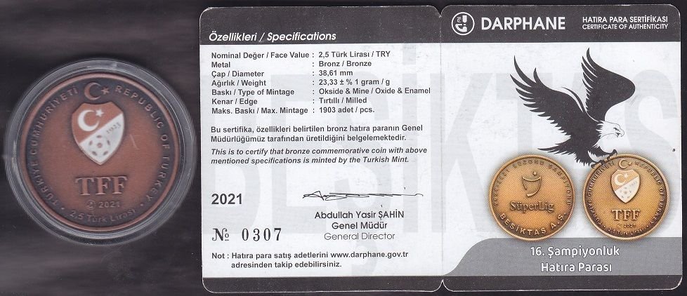 2021 Yılı 2.5 Lira Beşiktaş Hatıra Para Sertifikalı Çil