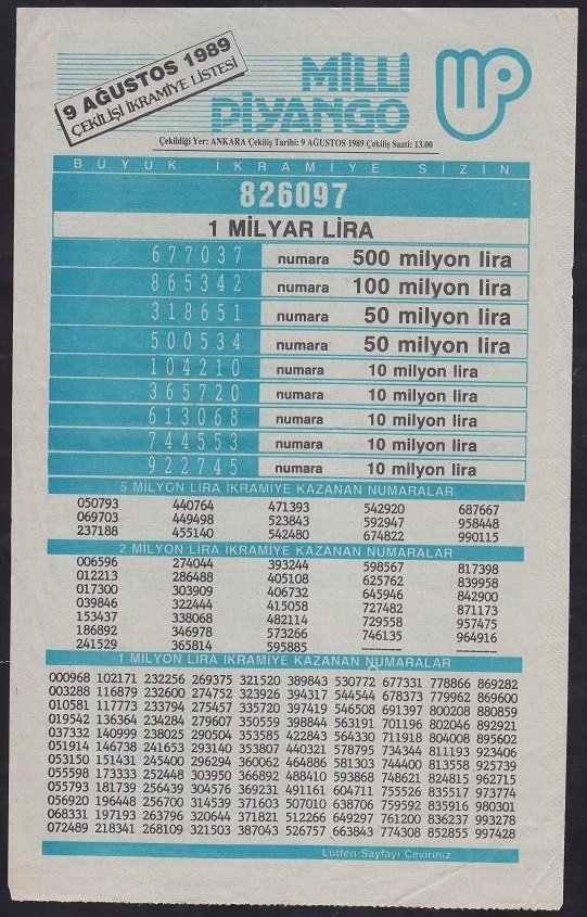 1989 9 AĞUSTOS PİYANGO LİSTESİ