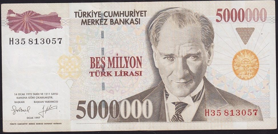 7.Emisyon 5 000 000 Lira H35 813057 Çok Temiz+