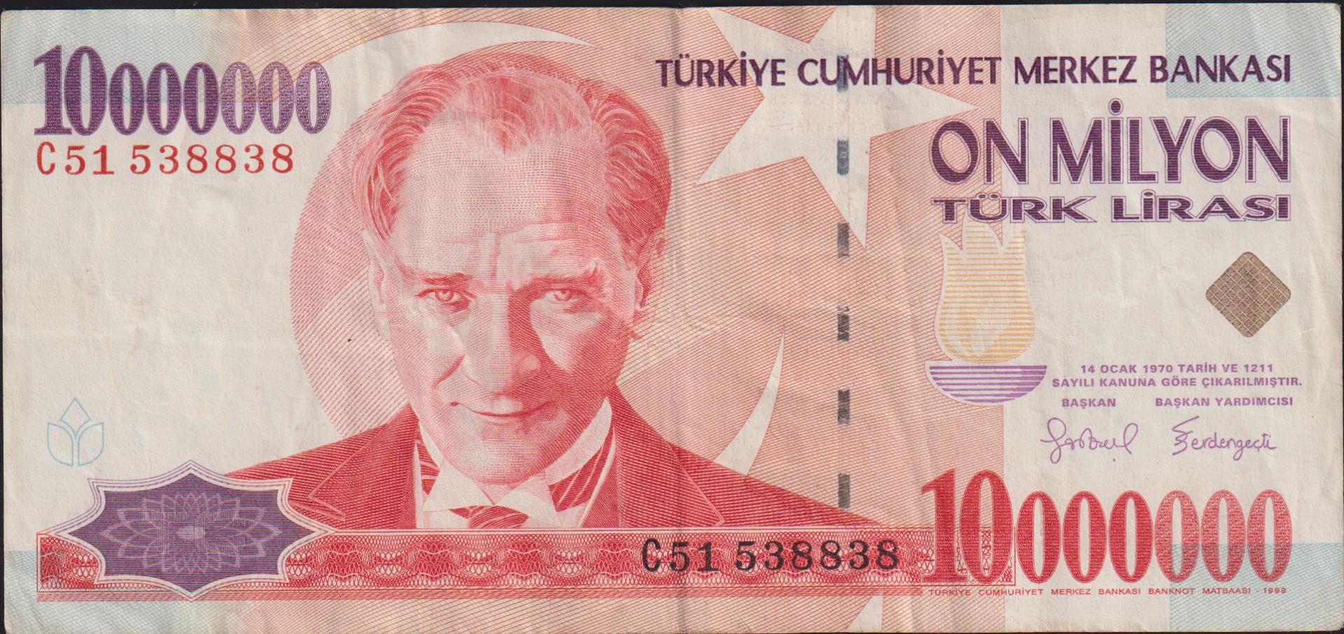 7.Emisyon 10 000 000 Lira C51 538838 Çok Temiz+
