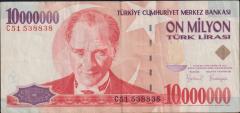 7.Emisyon 10 000 000 Lira C51 538838 Çok Temiz+