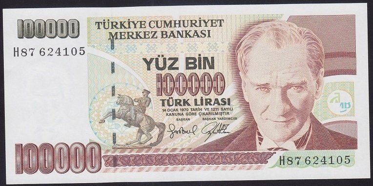 7.EMİSYON 3.TERTİP 100000 LİRA H87 624105 ÇİLALTI ÇİL