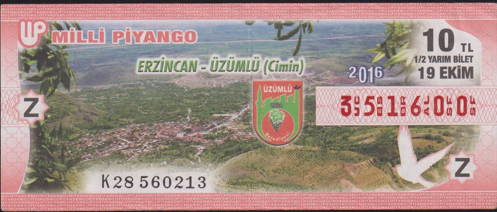2016 19 Ekim Yarım Bilet - Z Serisi ( Erzincan)