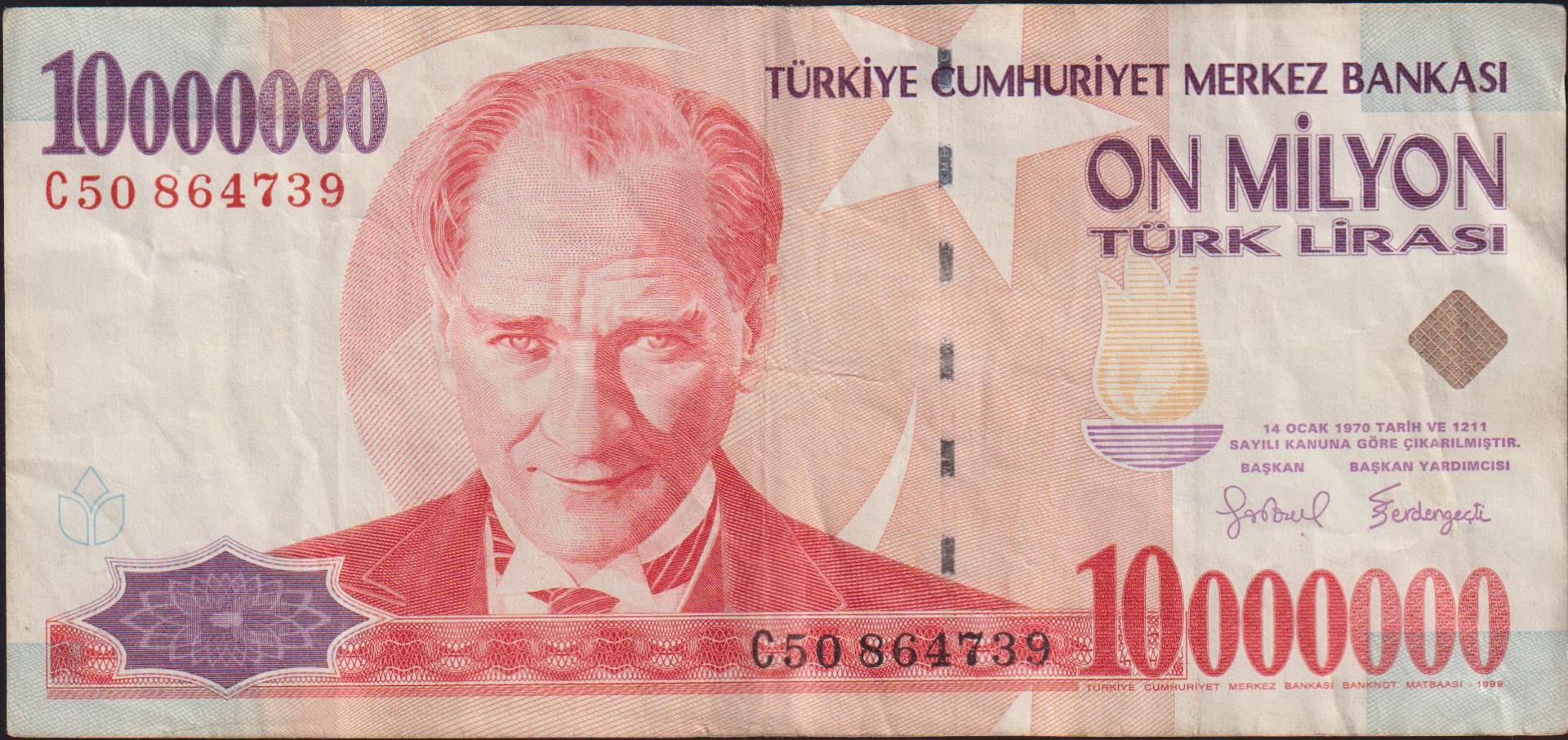7.Emisyon 10 000 000 Lira C50 864739 Çok Temiz+