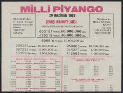 1986 29 HAZİRAN PİYANGO LİSTESİ