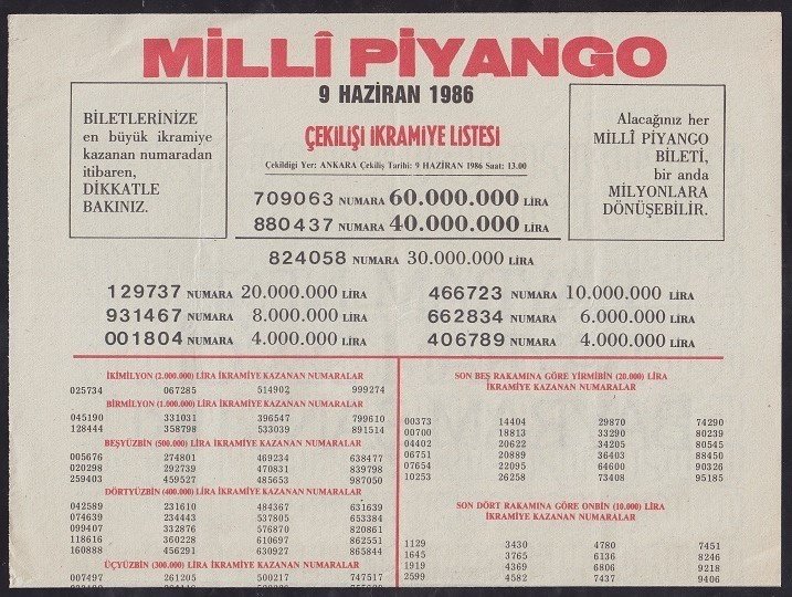 1986 9 HAZİRAN PİYANGO LİSTESİ