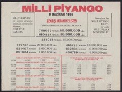 1986 9 HAZİRAN PİYANGO LİSTESİ