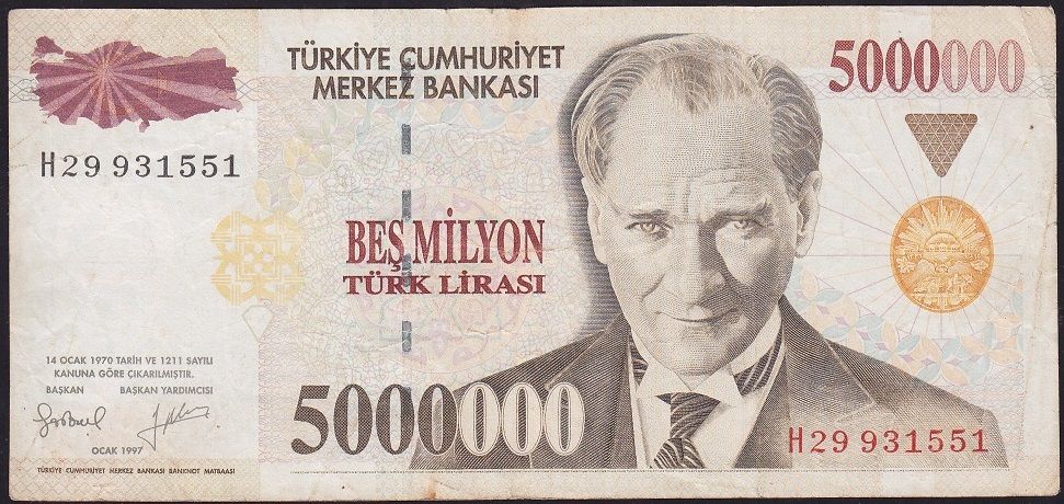 7.Emisyon 5 000 000 Lira H29 931551 Çok Temiz