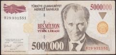 7.Emisyon 5 000 000 Lira H29 931551 Çok Temiz
