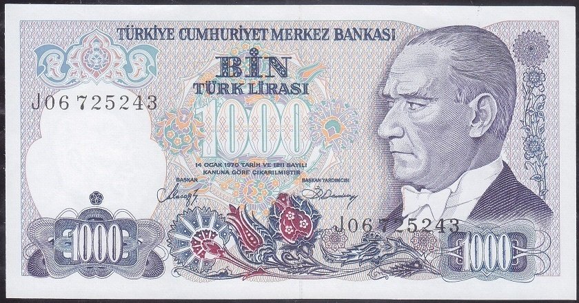 7.Emisyon 2.Tertip 1000 Lira J06 725243 Çilaltı Çil (kulakta kırıklık var)