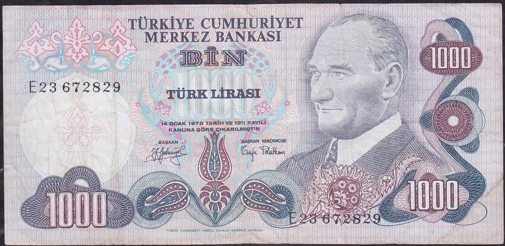 6.Emisyon 2.Tertip 1000 Lira E23 672829 Çok Temiz +