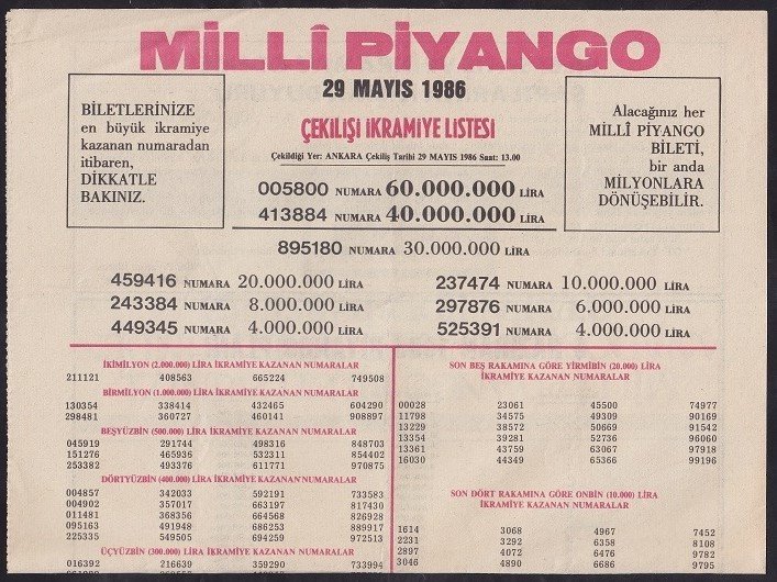 1986 29 MAYIS PİYANGO LİSTESİ