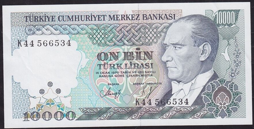 7.Emisyon 4.Tertip 10000 Lira K44 566534 Ççt Çilaltı