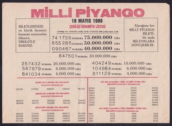 1986 19 MAYIS PİYANGO LİSTESİ