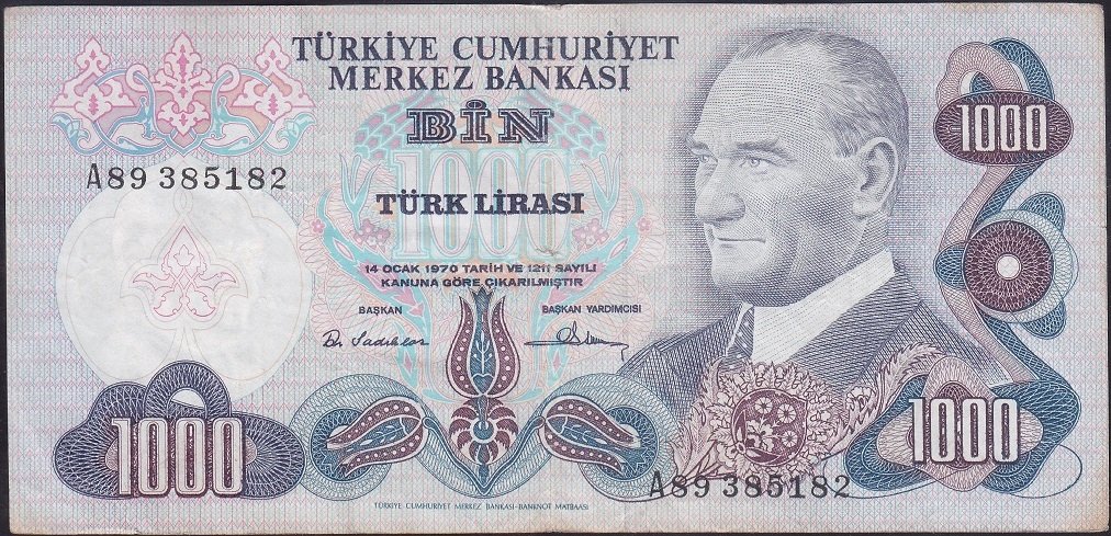 6.EMİSYON 1.TERTİP 1000 LİRA A89 385182 ÇOK TEMİZ