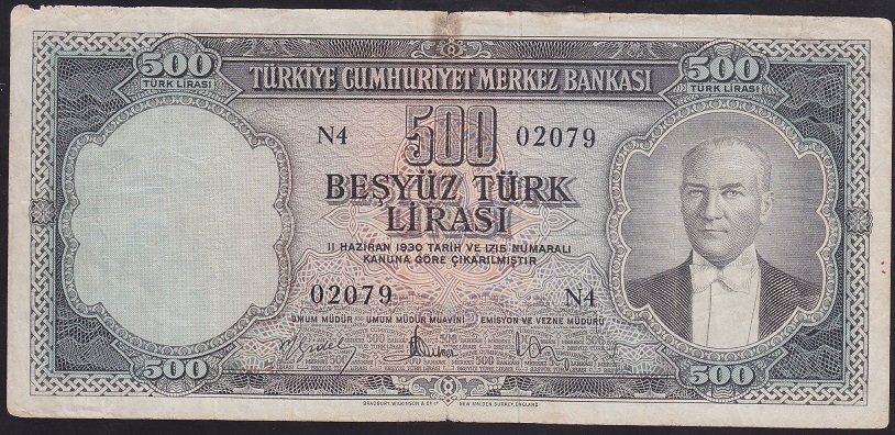 5.EMİSYON 2.TERTİP 500 LİRA N4 02079 TEMİZ