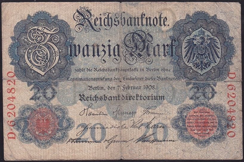 Almanya 20 Mark 1908 Temiz